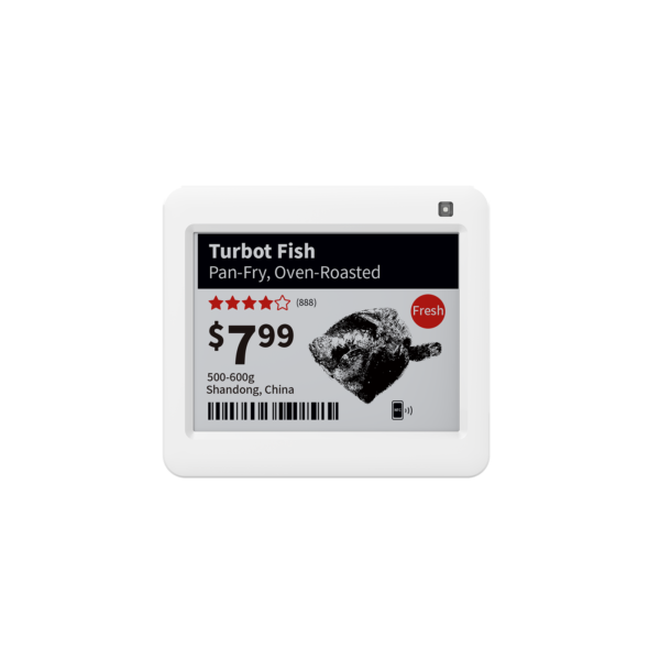 SE-420 front image Opticon SE-420 e-paper label mounted on a shelf edge showing item data and a barcode