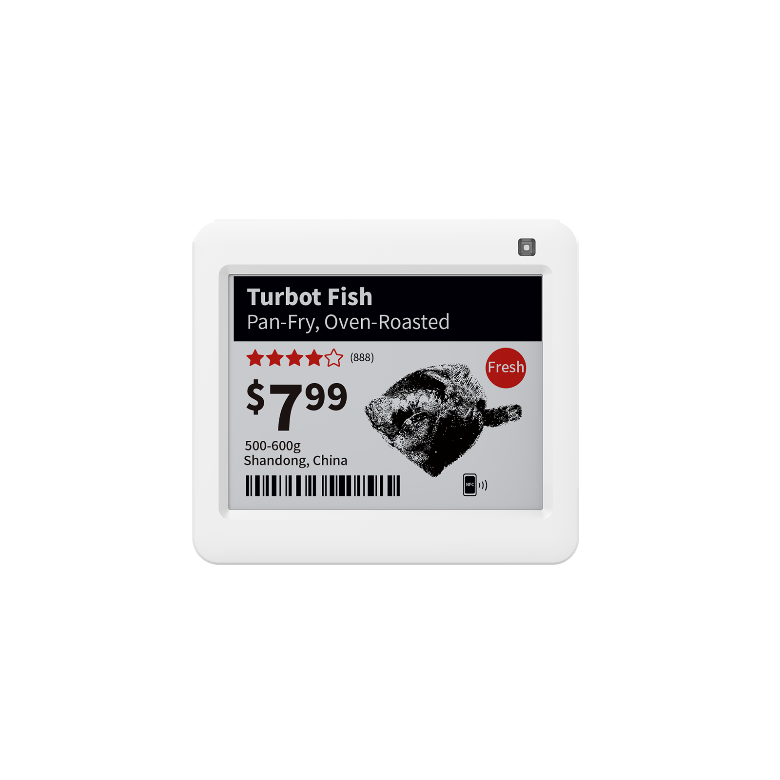 Opticon SE-420 e-paper label mounted on a shelf edge showing item data and a barcode